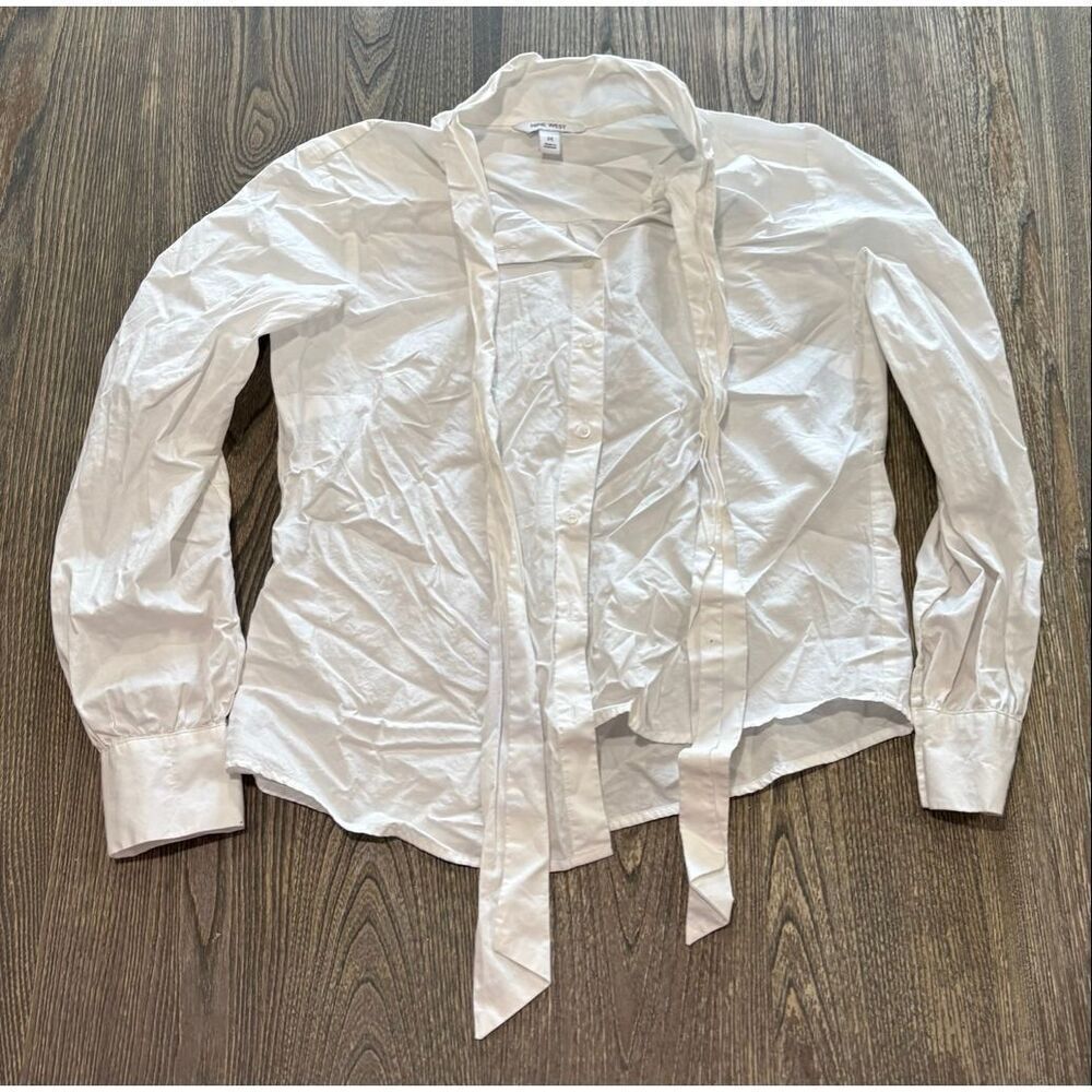 Nine West Womens Button-Up Cotton Shirt Tie Neck Long Sleeves White Size M